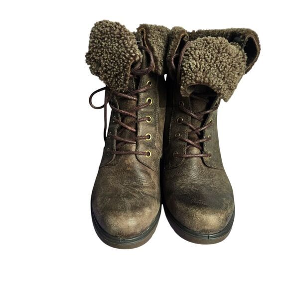 Ecco Brown Distressed Leather Shearling Lace Up Wedge Ankle Boots 36EU / US 5.5 - Picture 8 of 11